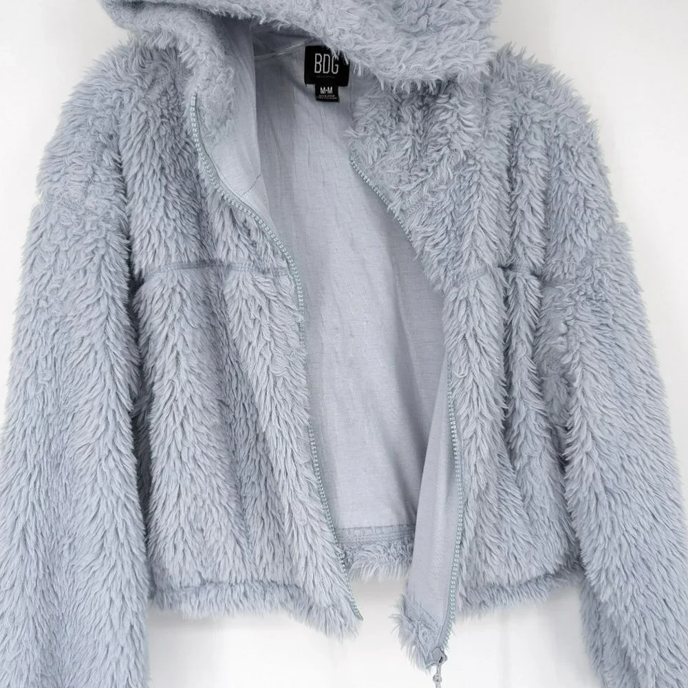 BDG Urban Outfitters Hoodie M Blue Sherpa Cropped Teddy Jacket Full Zip Cozy